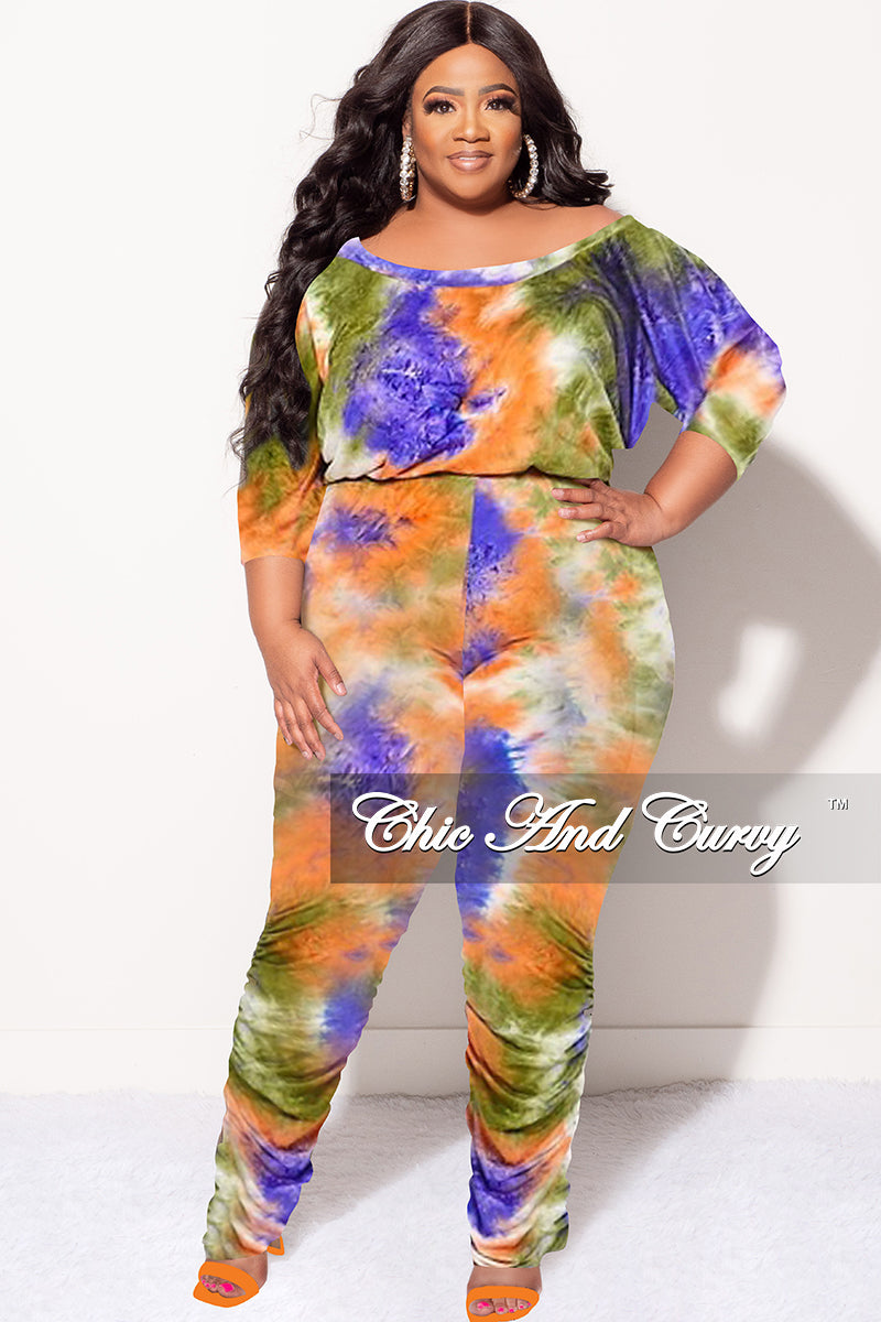 Final Sale Plus Size Jumpsuit with Ruched Legs in Purple, Green, Orange Tie Dye