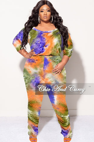 Final Sale Plus Size Jumpsuit with Ruched Legs in Purple, Green, Orange Tie Dye