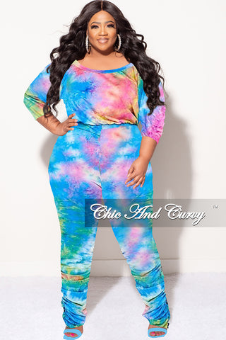 Final Sale Plus Size Jumpsuit with Ruched Legs in Rainbow Tie Dye