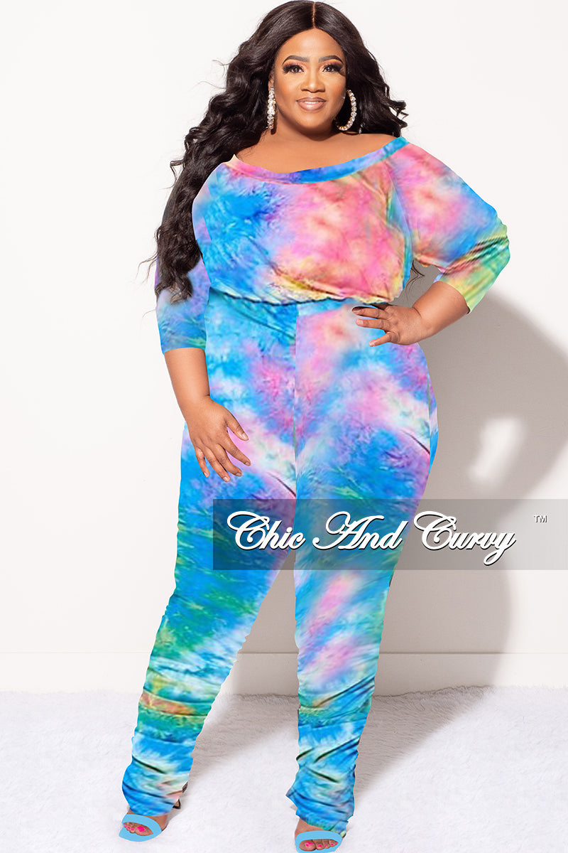 Final Sale Plus Size Jumpsuit with Ruched Legs in Rainbow Tie Dye