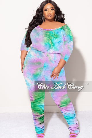 Final Sale Plus Size Jumpsuit with Ruched Legs in Purple, Green & Blue Tie Dye