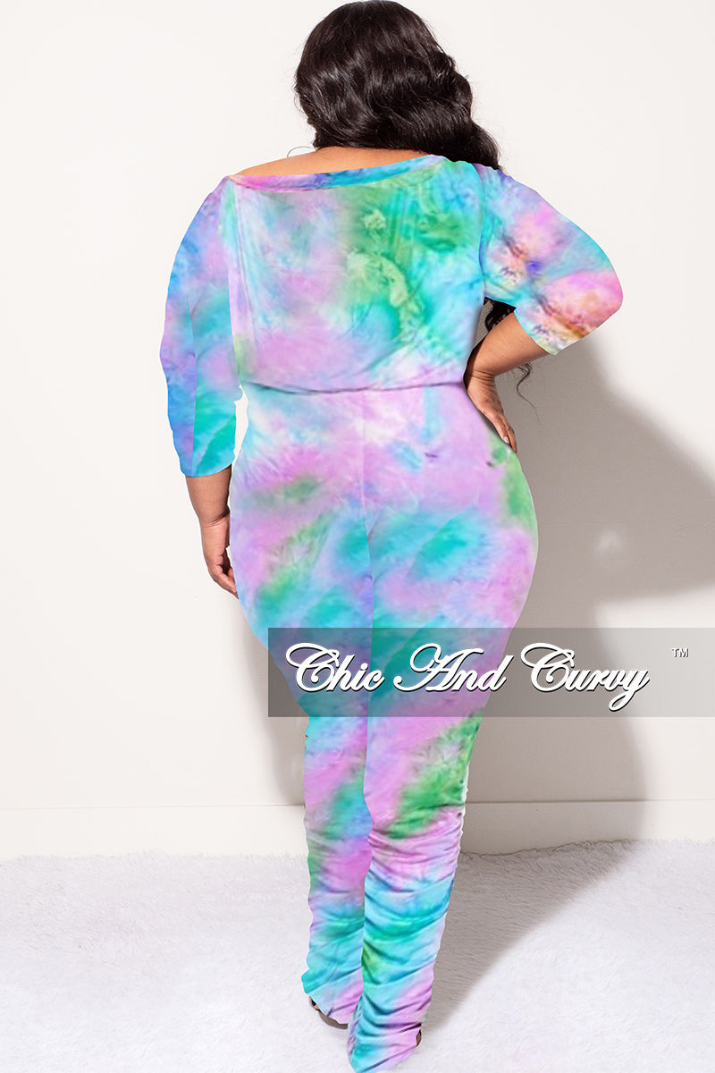 Final Sale Plus Size Jumpsuit with Ruched Legs in Purple, Green & Blue Tie Dye