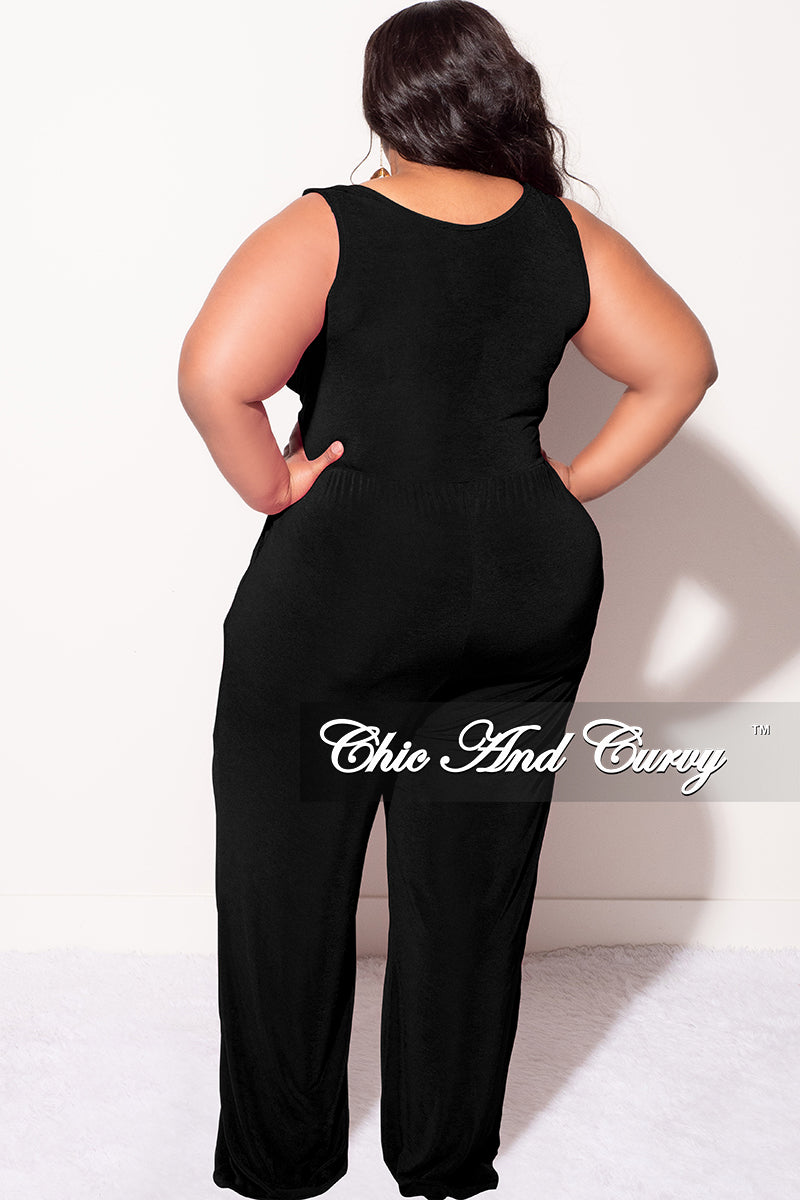 Final Sale Plus Size Sleeveless Faux Wrap Jumpsuit in Black  Slinky Fabric
