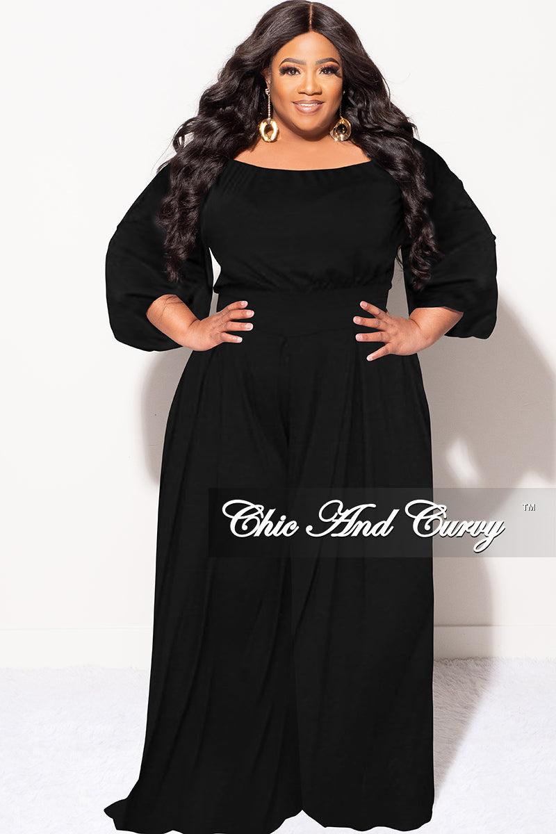 Final Sale Plus Size 2pc Puffy Sleeve Crop Top and Palazzo Pants Set in Black