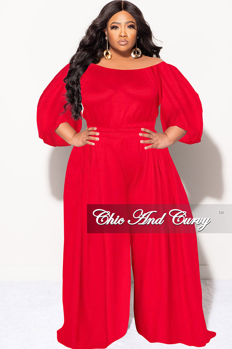 Final Sale Plus Size 2pc Puffy Sleeve Crop Top and Palazzo Pants Set in Red