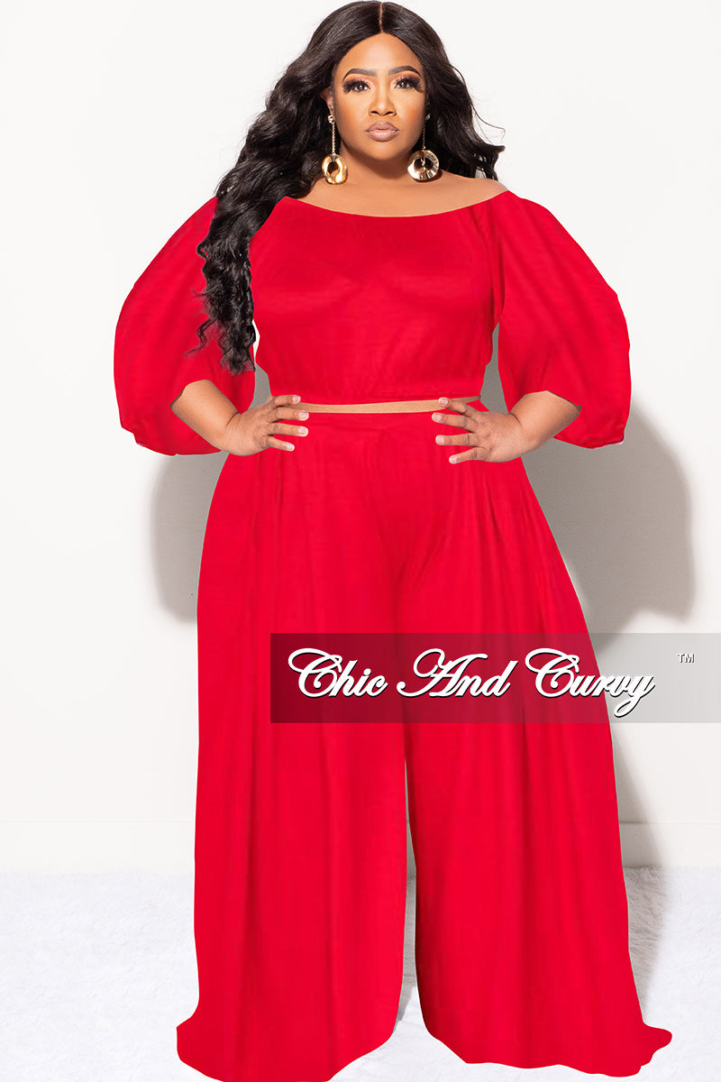 Final Sale Plus Size 2pc Puffy Sleeve Crop Top and Palazzo Pants Set in Red