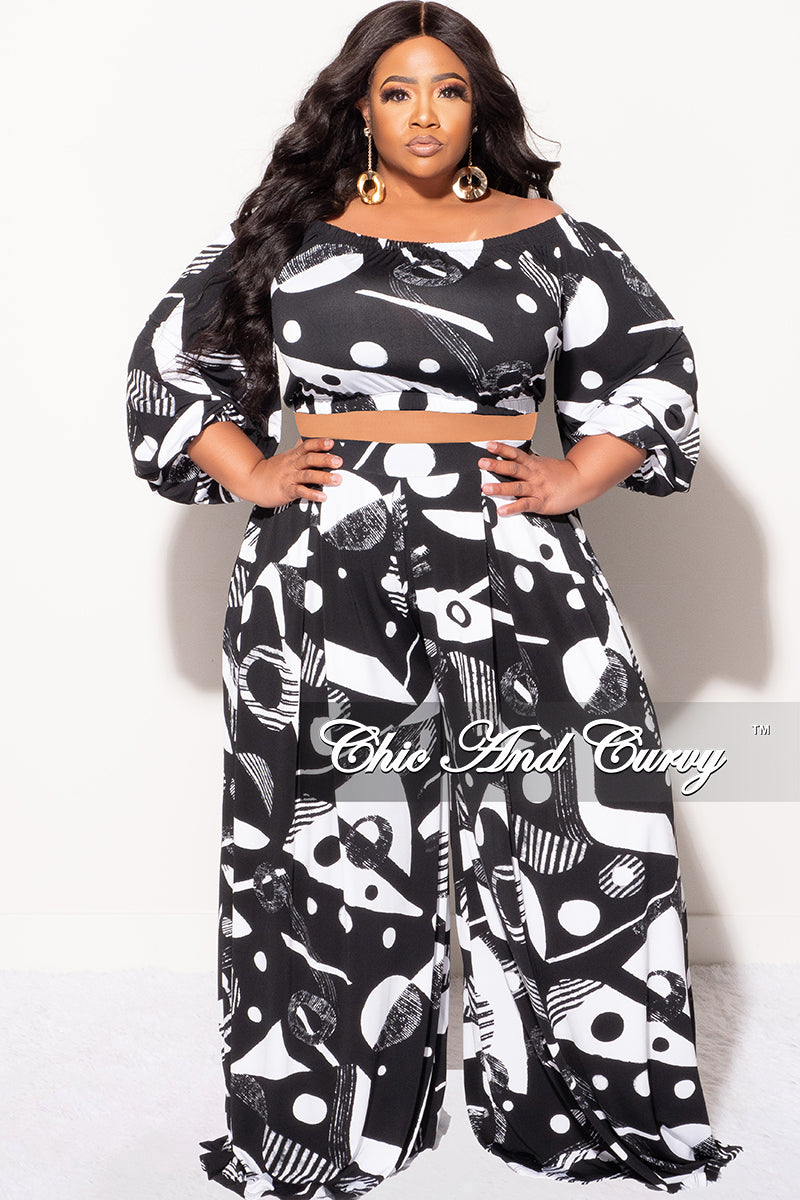Final Sale Plus Size 2pc Puffy Sleeve Crop Top and Palazzo Pants Set in Black and White
