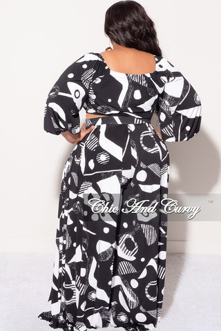 Final Sale Plus Size 2pc Puffy Sleeve Crop Top and Palazzo Pants Set in Black and White