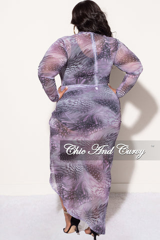 Final Sale Plus Size 2-Pc Set with Bodysuit & High Split Skirt in Mesh Purple Print Print