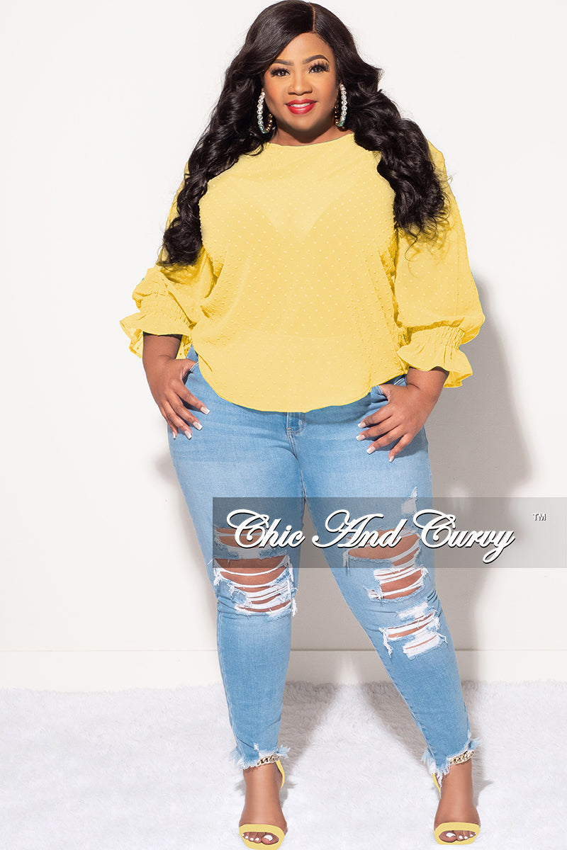 Final Sale Plus Size Chiffon Sheer Top with Dot Embossing in Yellow