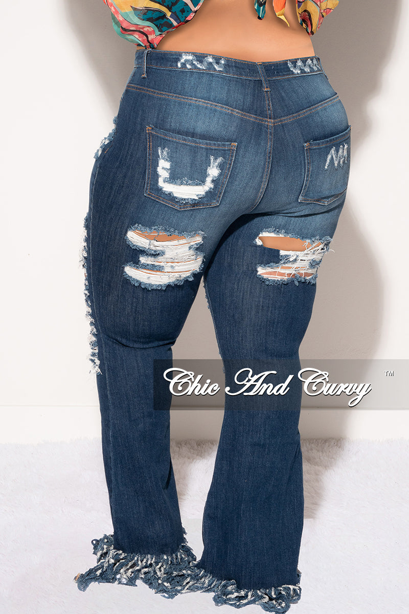 Final Sale Plus Size Distressed Jeans with Fringe Bottom in Dark Denim