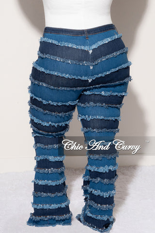 Final Sale Plus Size Patchwork Frayed Flare Jeans in Denim Kim LCH