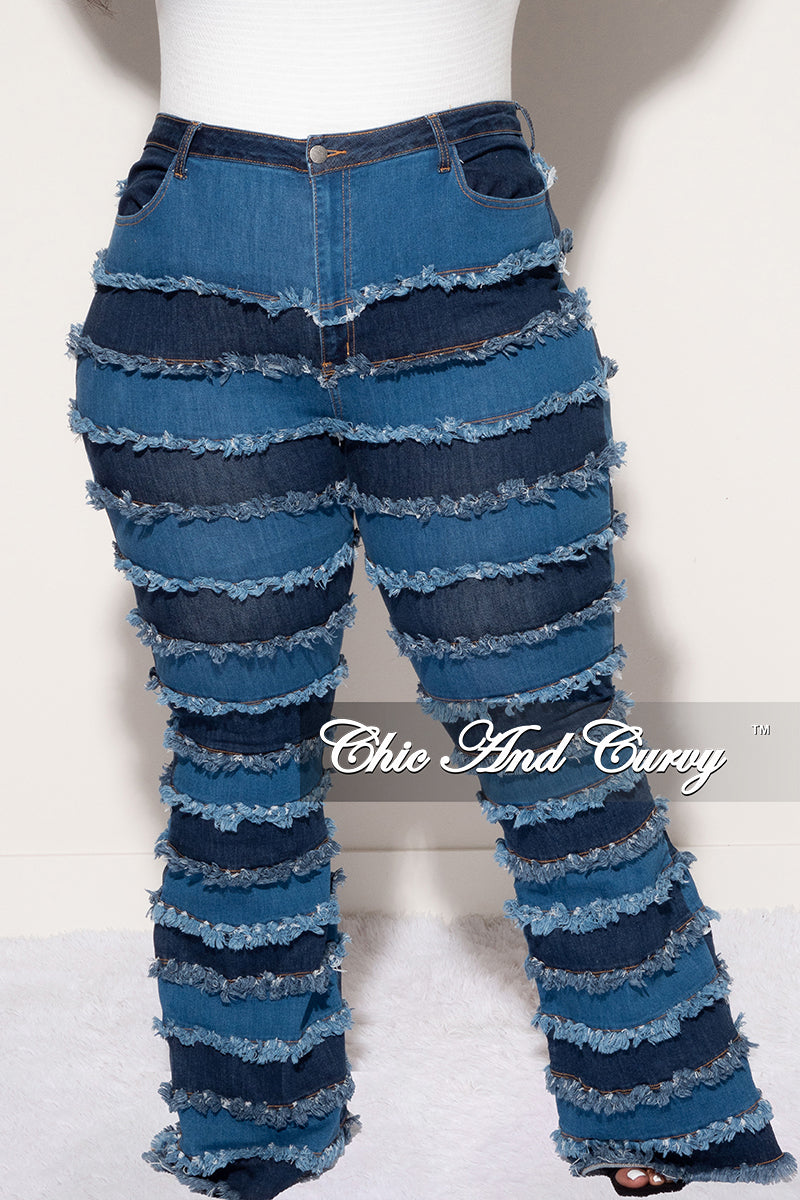 Final Sale Plus Size Patchwork Frayed Flare Jeans in Denim Kim LCH