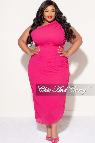 Final Sale Plus Size Sheer Chiffon One Shoulder Midi Dress with Ruched Sides in Pink