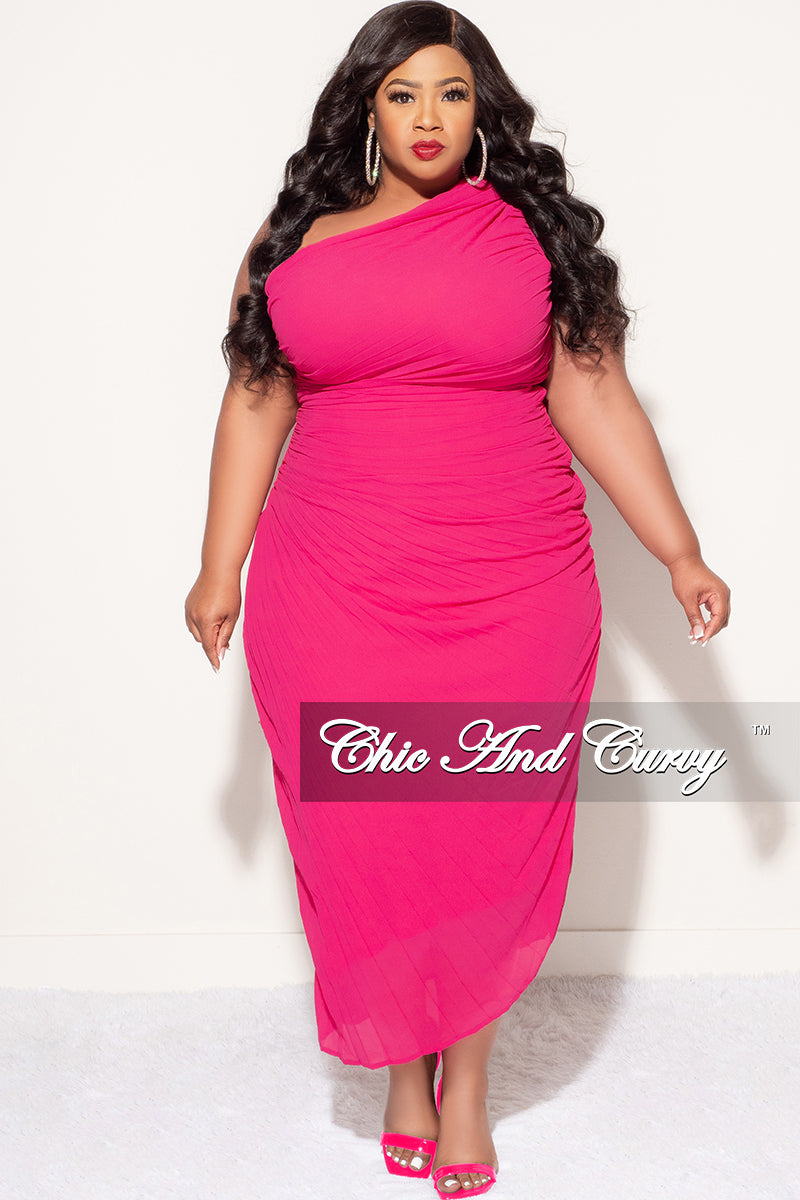 Final Sale Plus Size Sheer Chiffon One Shoulder Midi Dress with Ruched Sides in Pink