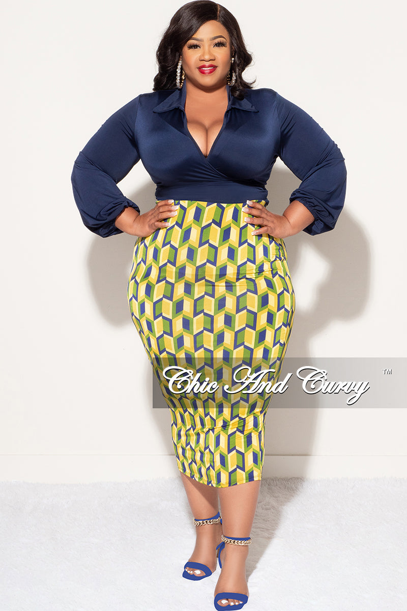 Final Sale Plus Size 2pc Long Sleeve Faux Wrap Collar Navy Crop Tie Top and Skirt Set in Yellow Multi Color Print