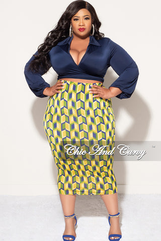 Final Sale Plus Size 2pc Long Sleeve Faux Wrap Collar Navy Crop Tie Top and Skirt Set in Yellow Multi Color Print