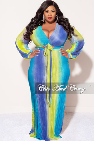 Final Sale Plus Size 2pc Long Sleeve Crop Tie Top and Skirt Set in Pleated Purple, Lime, & Turquoise Queen