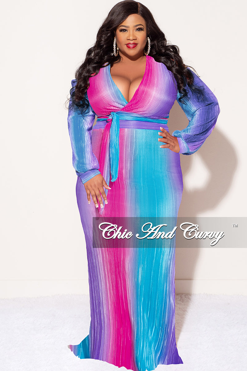 Final Sale Plus Size 2pc Long Sleeve Crop Tie Top and Skirt Set in Pleated Purple Magenta and Turquoise