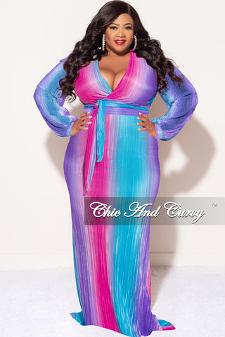 Final Sale Plus Size 2pc Long Sleeve Crop Tie Top and Skirt Set in Pleated Purple Magenta and Turquoise