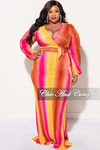 Final Sale Plus Size 2pc Long Sleeve Crop Tie Top and Skirt Set in Pleated Mustard & Fuchsia