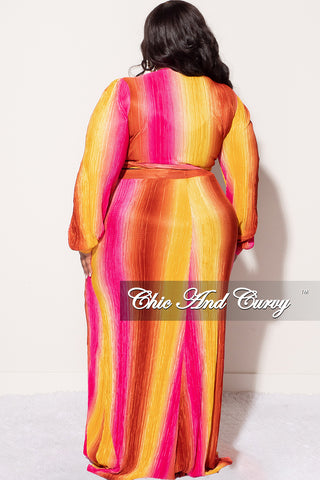 Final Sale Plus Size 2pc Long Sleeve Crop Tie Top and Skirt Set in Pleated Mustard & Fuchsia