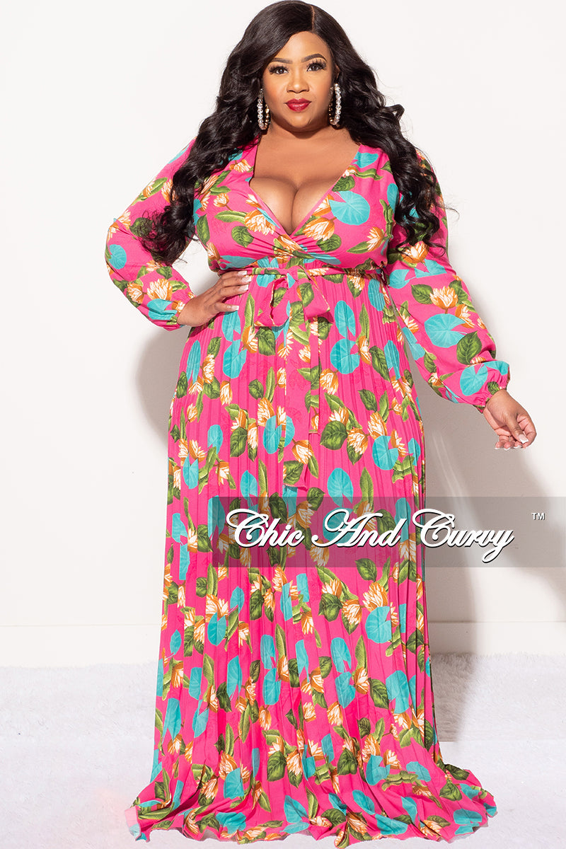 Final Sale Plus Size Collar Faux Wrap Dress With Bottom Pleats In Floral Print