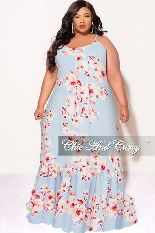 Final Sale Plus Size Maxi Dress with Spaghetti Straps in Blue Floral Print