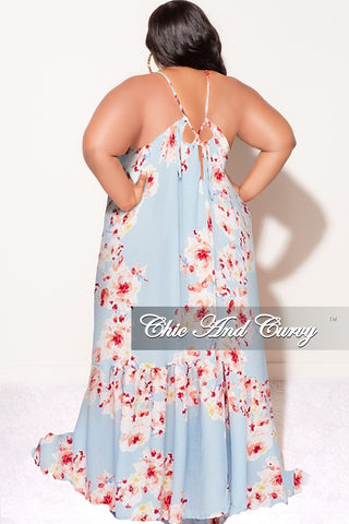 Final Sale Plus Size Maxi Dress with Spaghetti Straps in Blue Floral Print