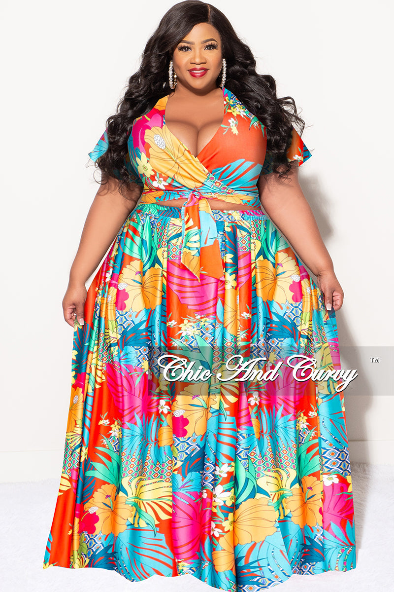 Final Sale Plus Size 2pc (Faux Wrap Crop Tie Top & Skirt) Set in Orange and Fuchsia Multi Color Floral Print