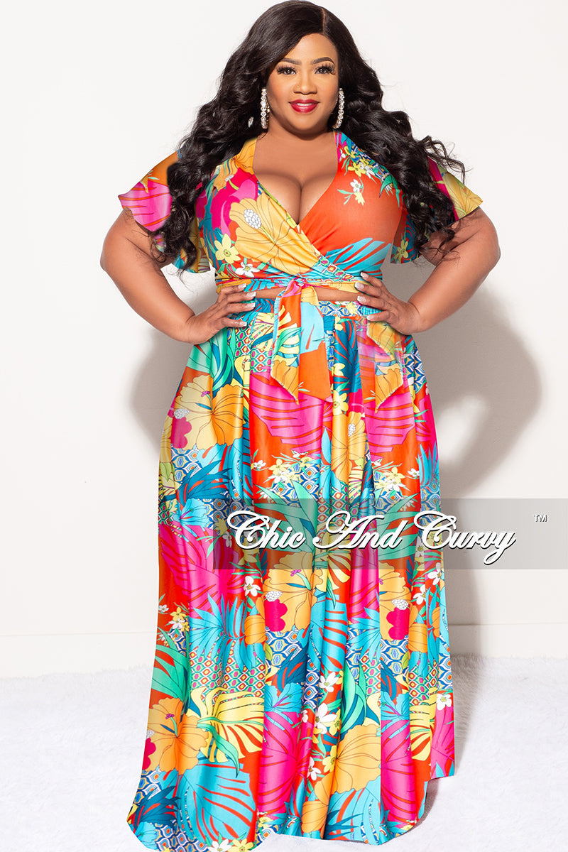 Final Sale Plus Size 2pc (Faux Wrap Crop Tie Top & Skirt) Set in Orange and Fuchsia Multi Color Floral Print