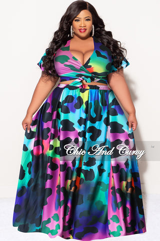 Final Sale Plus Size 2pc (Faux Wrap Crop Tie Top & Skirt) Set in Multi Color Animal Print