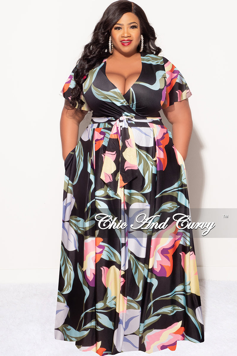 Final Sale Plus Size 2pc (Faux Wrap Crop Tie Top & Skirt) Set in  Black Multi Color Floral Print