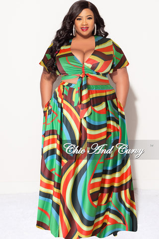 Final Sale Plus Size 2pc (Faux Wrap Crop Tie Top & Skirt) Set in Green Multi Color