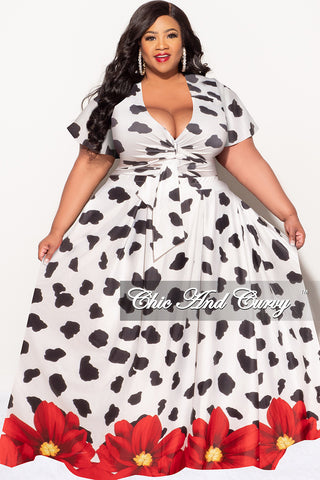 Final Sale Plus Size 2pc (Faux Wrap Crop Tie Top & Skirt) Set in Black & White with Red Floral Print