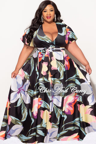 Final Sale Plus Size 2pc (Faux Wrap Crop Tie Top & Skirt) Set in  Black Multi Color Floral Print