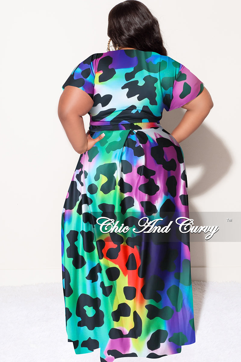 Final Sale Plus Size 2pc (Faux Wrap Crop Tie Top & Skirt) Set in Multi Color Animal Print