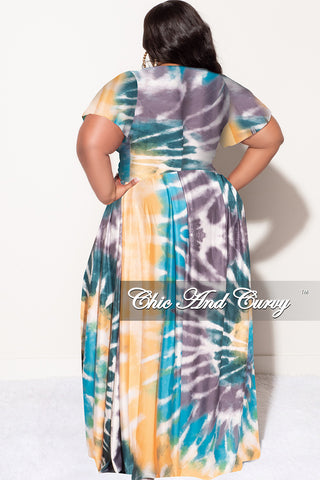 Final Sale Plus Size 2pc (Faux Wrap Crop Tie Top & Skirt) Set in Teal / Mustard Tie Dye Print