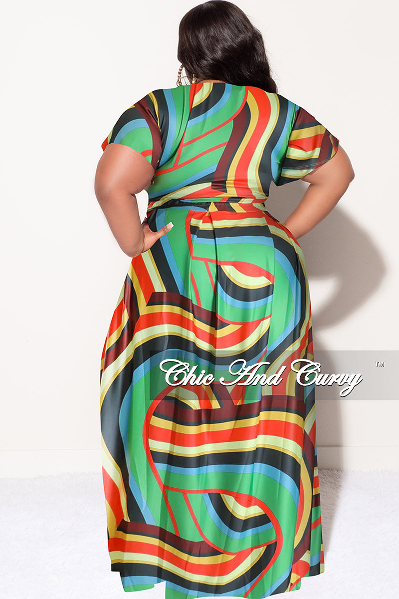 Final Sale Plus Size 2pc (Faux Wrap Crop Tie Top & Skirt) Set in Green Multi Color