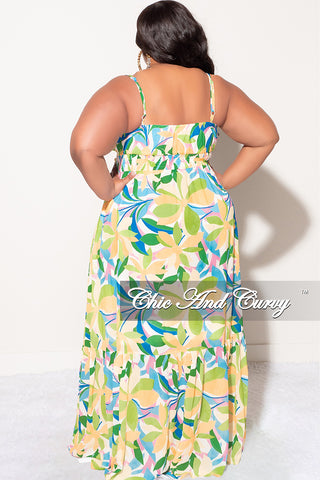 Final Sale Plus Size Sleeveless Tiered Maxi Dress In Yellow and Green Floral Multi Color Print