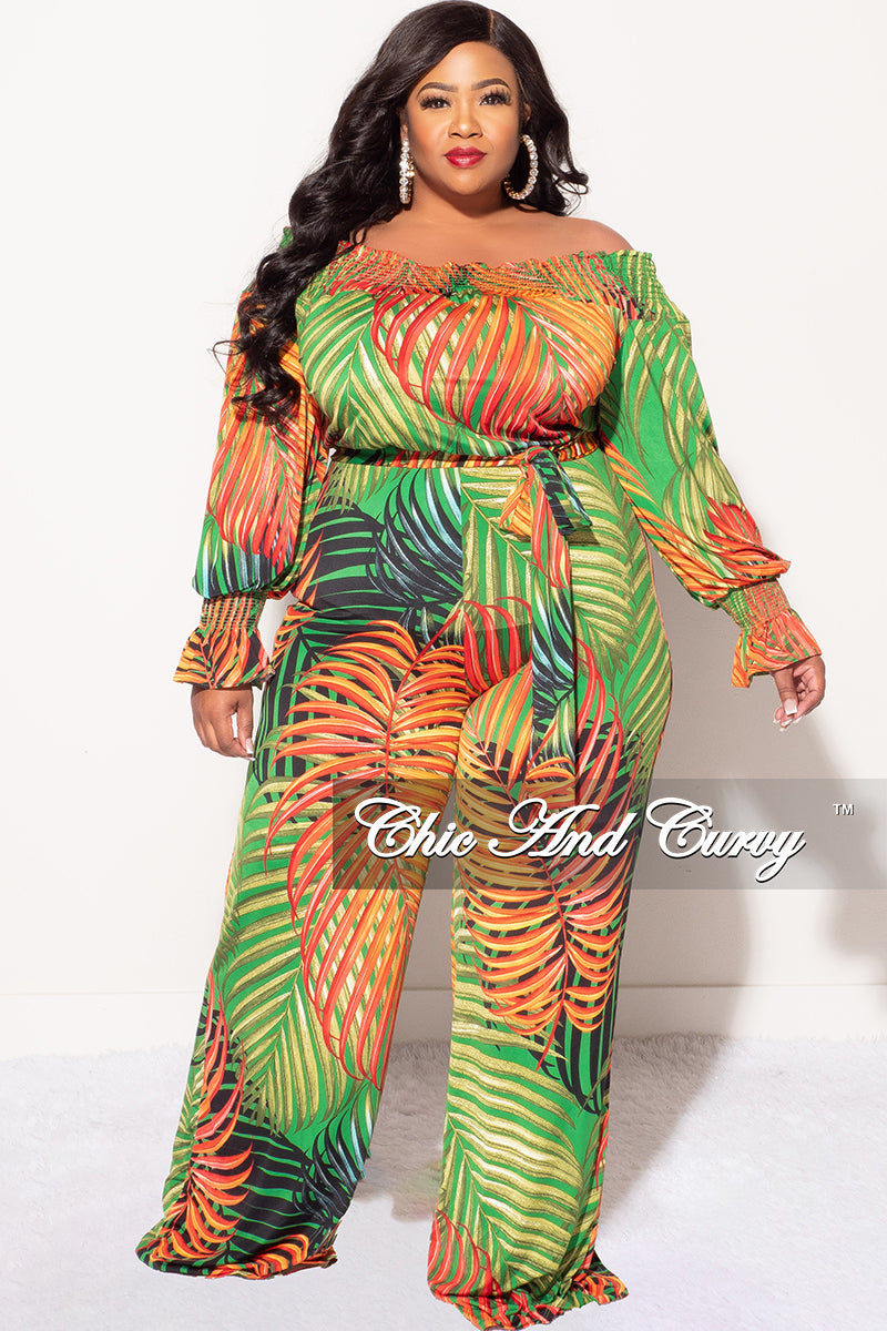 Final Sale Plus Size Off The Shoulder Jumpsuit with Waist Tie in Tropical Print