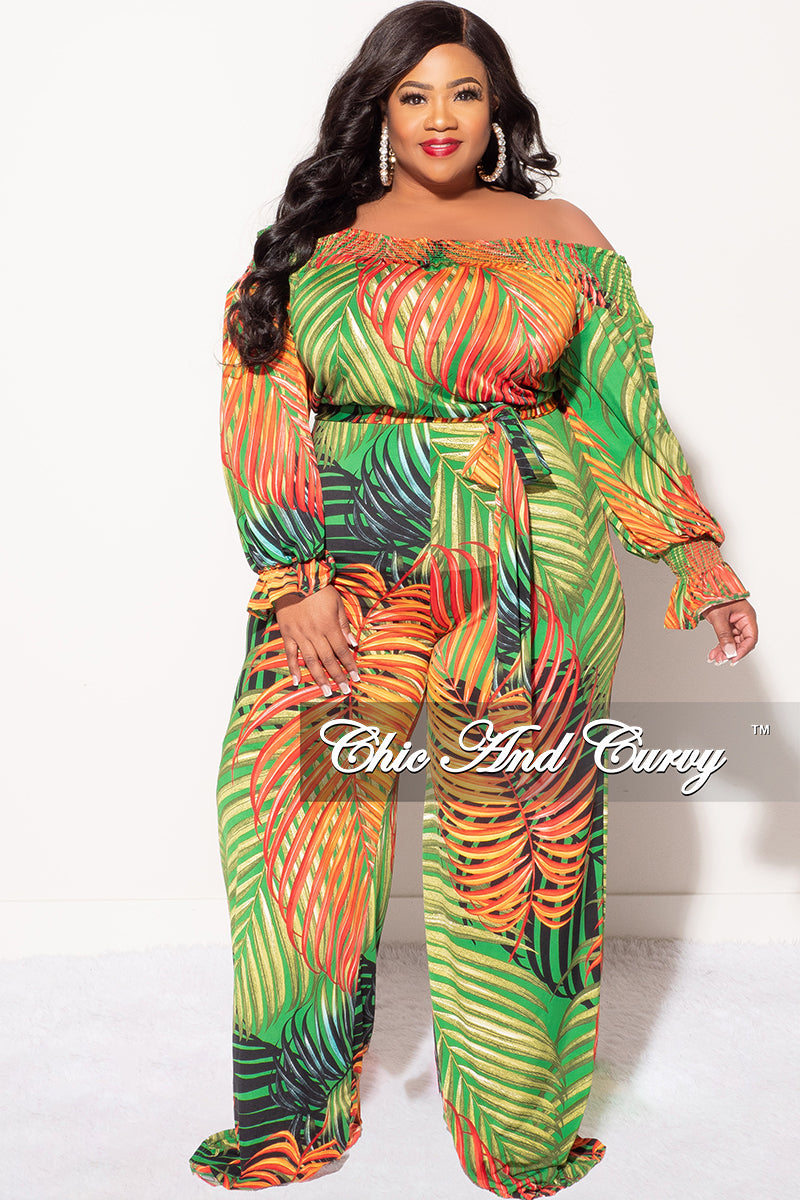Final Sale Plus Size Off The Shoulder Jumpsuit with Waist Tie in Tropical Print