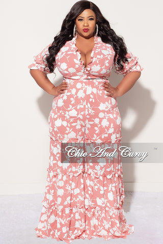 Final Sale Plus Size 2pc Long Sleeve Crop Tie Top and Pants Set in Pink & Off White