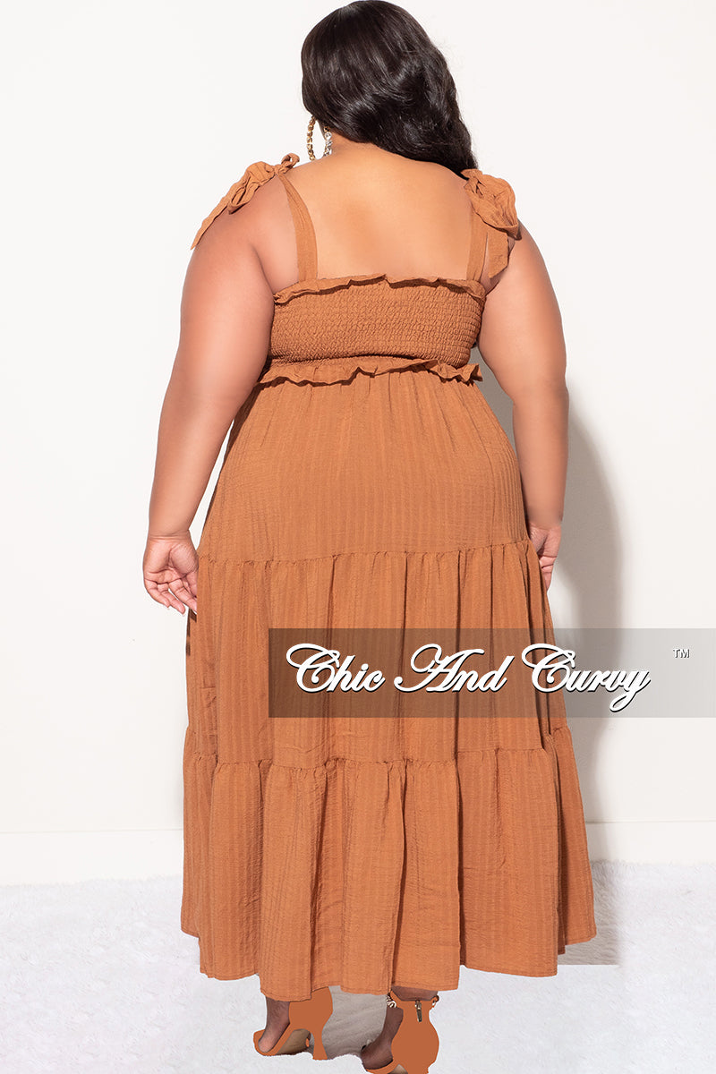 Final Sale Plus Size Sleeveless Frill Tiered Dress in Cognac