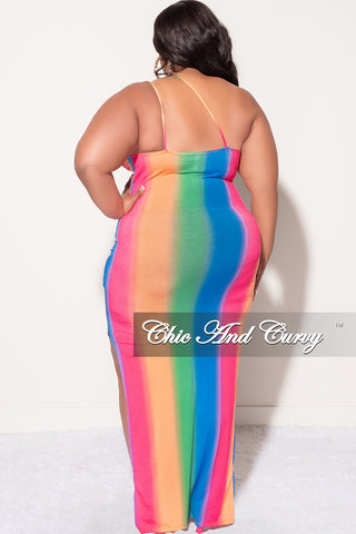 Final Sale Plus Size Maxi Dress with Spaghetti Straps in Rainbow Ombre Print