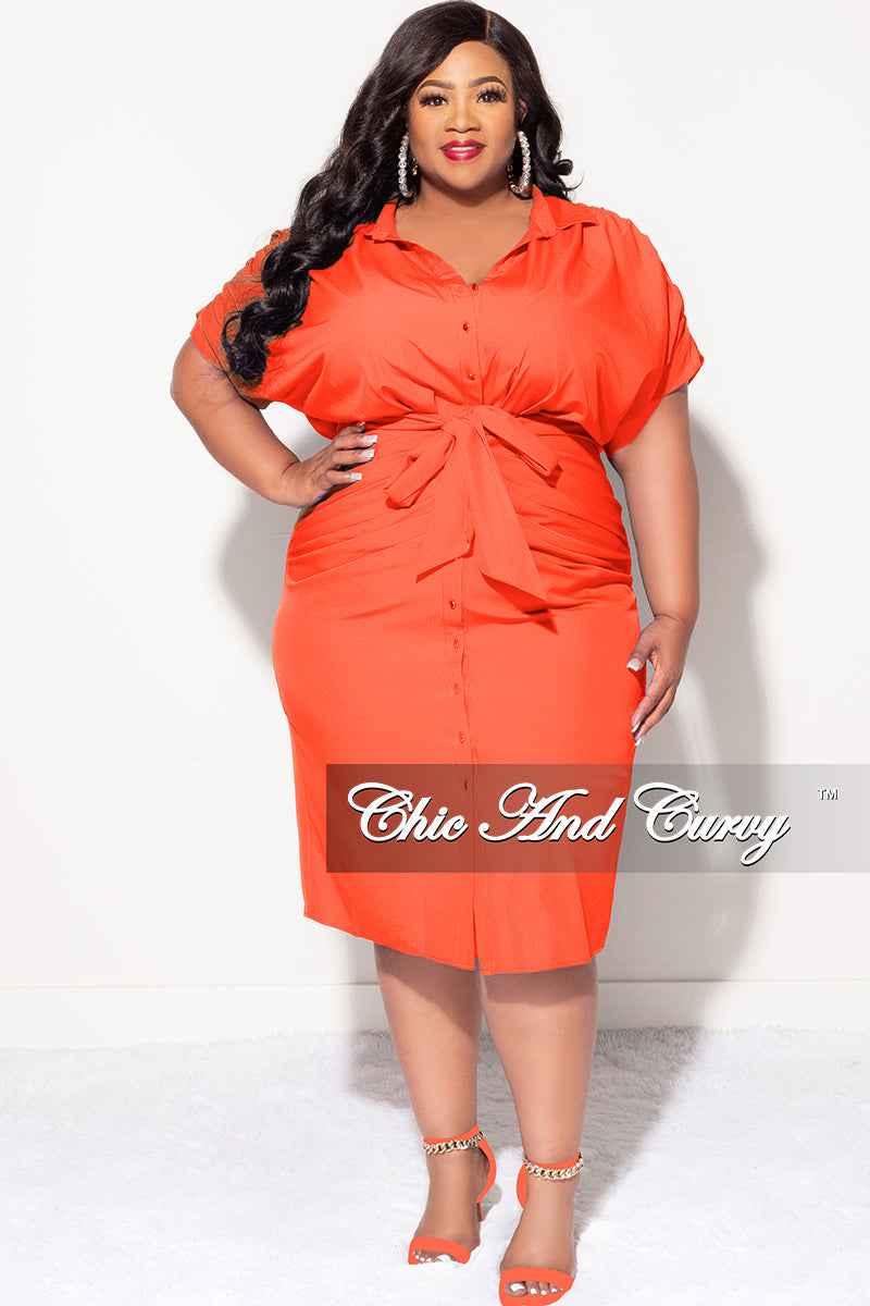 Final Sale Plus Size Collar Button Up Ruched Dress with Tie in Dark Coral