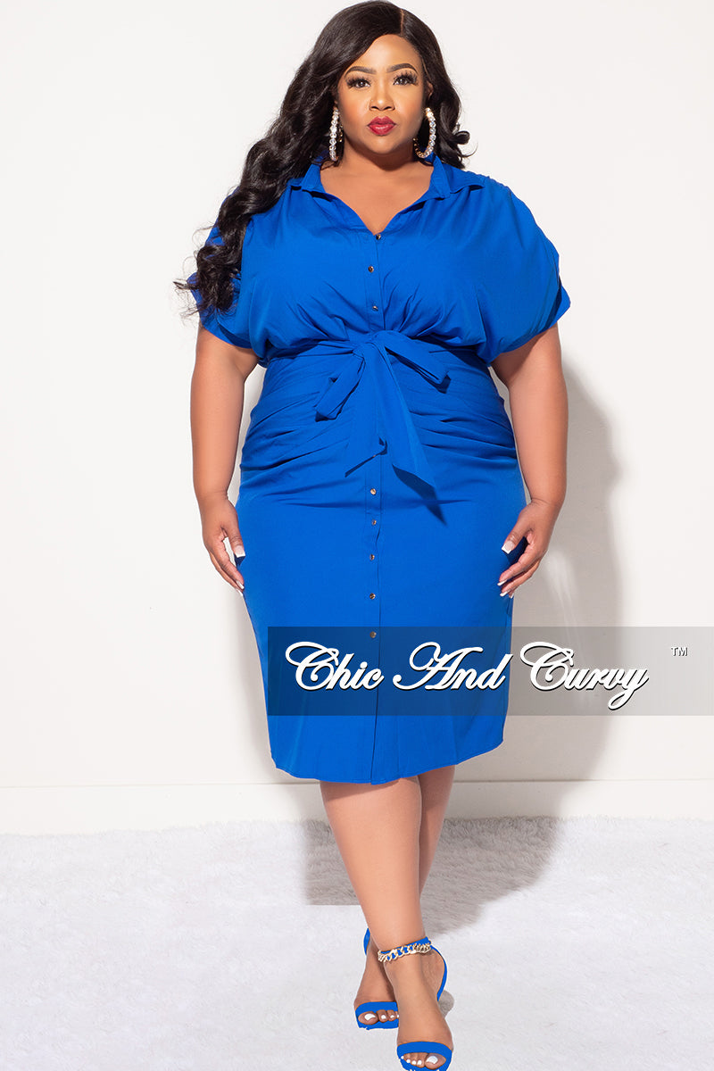 Final Sale Plus Size Collar Button Up Ruched Dress with Tie in Royal Blue