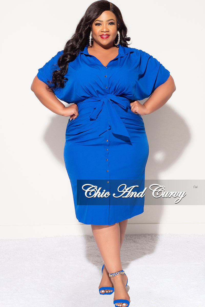 Final Sale Plus Size Collar Button Up Ruched Dress with Tie in Royal Blue