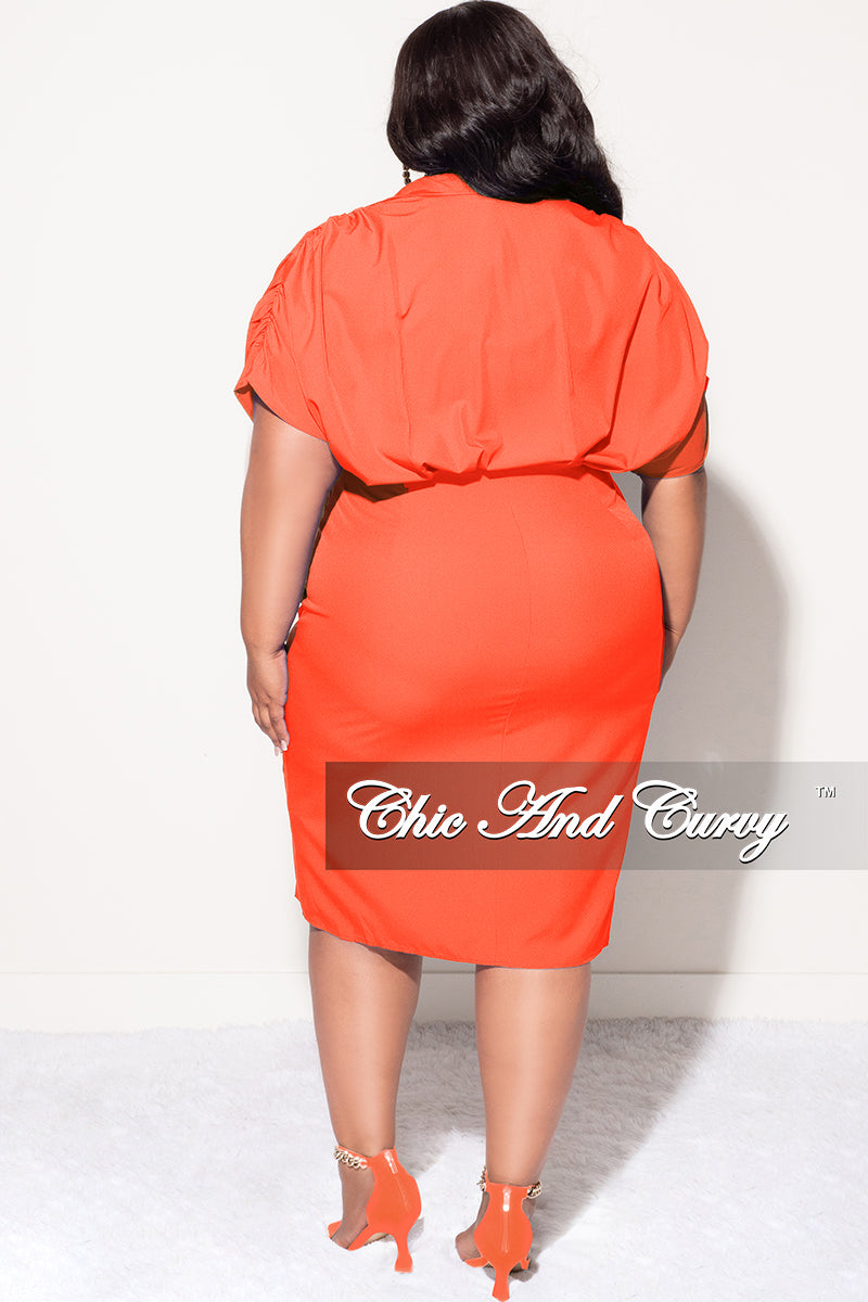 Final Sale Plus Size Collar Button Up Ruched Dress with Tie in Dark Coral