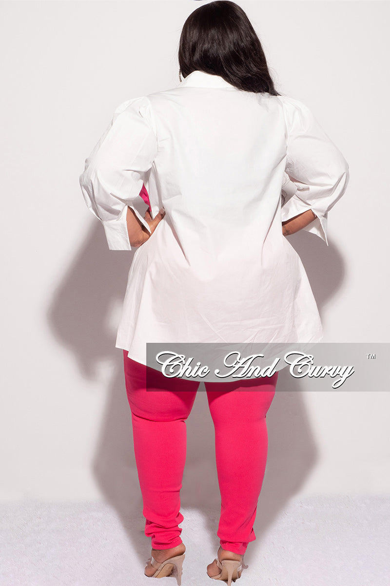 Final Sale Plus Size Shirt Dress with Front Bow Tie in White and Fuchsia